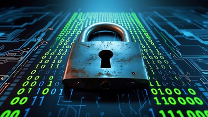 Digital Security Padlock on Binary Code Background Represents Cyber Protection