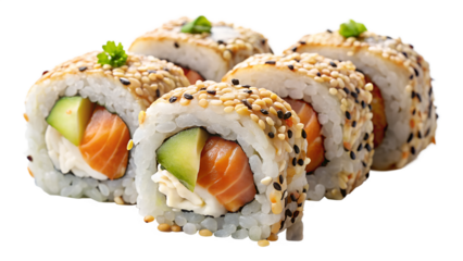 Delicious sushi rolls with salmon, avocado, cream cheese and sesame seeds isolated on transparent background, a perfect meal