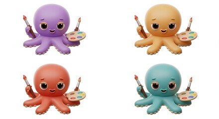 Naklejka premium Four colorful octopus figurines with paintbrushes and palettes