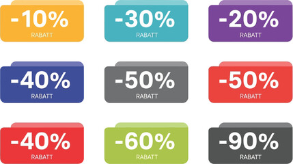 Collection of colorful discount tags showing percentage off prices for sales and promotions.