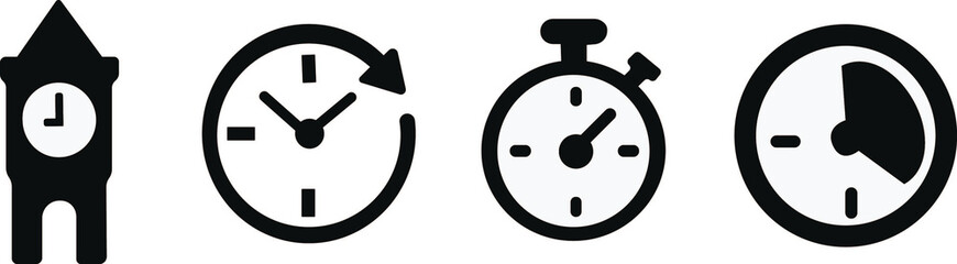 Timekeeping device icon set , Simple black clock on green background for time related concepts, ,Business lunch icon. Knife, fork and plate with clock illustration. Lunch time symbol.