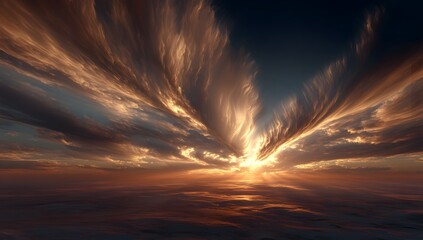 Dramatic fiery sunset over calm ocean reflecting golden rays of light through wispy clouds