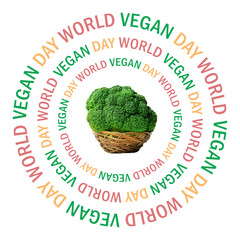 World Vegan Day, healthy eating concept. Broccoli. Vegetable, fruit photo combination, isolated. Curved inscription. Circled notes. Sticker mockup, vegan food icon 