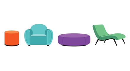 Fototapeta premium Vibrant modern furniture set with armchair, chaise lounge, and ottomans on white background