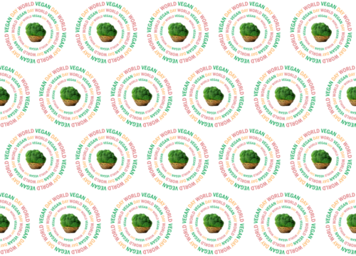 World Vegan Day, healthy eating concept. Wallpaper seamless pattern with broccoli. Vegetable photo puzzle, isolated fragments. Curved inscription. Circled words. PNG