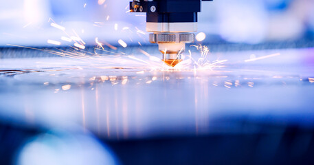 Banner industrial, Laser cnc cutting metal with bright sparks and precision