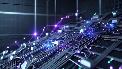 Digital Circuitry and Data Flow Visualized with Glowing Connections and Futuristic Networks