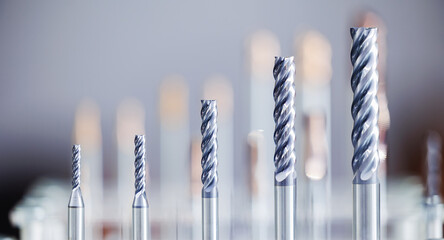 Close-up of cnc machining end mills with focus on precision and variety © Parilov
