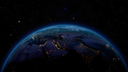 Obraz premium Night Earth from Space: Witness the breathtaking sight of the Earth, a luminous jewel suspended in the vastness of space, showcasing a vibrant tapestry of city lights from above. 