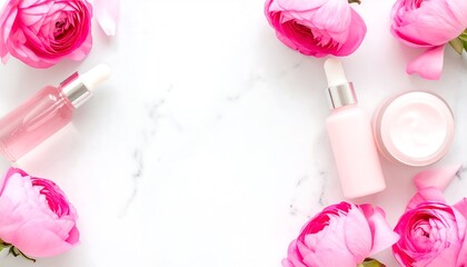 Pink flowers and skincare products on a marble surface