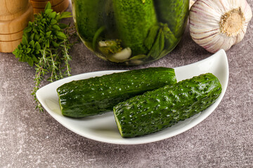 Homemade lighty salted cucumbers with herbs