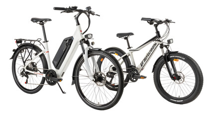 Two modern electric bicycles isolated on transparent background, showcasing ecofriendly transportation and urban mobility solutions