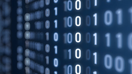 Binary Code's Digital Dance:  Illuminating blue with an intricate ballet of zeros and ones, capturing the essence of data streams in modern computer programming. 