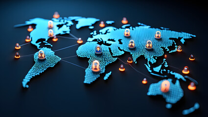 Global Network: A captivating visual representation of a global network, showcasing interconnected digital avatars across the continents of the world, illuminated with interconnected pathways.