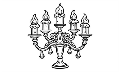 Candelabra t shirt design silhouette and vector line art, intricate detailed illustration, perfect for relaxation, stress relief, mindfulness, adult coloring books, printable artwork.