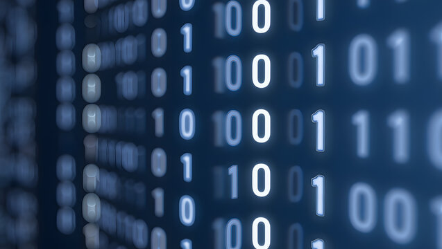 Binary Code's Digital Dance:  Illuminating blue with an intricate ballet of zeros and ones, capturing the essence of data streams in modern computer programming. 