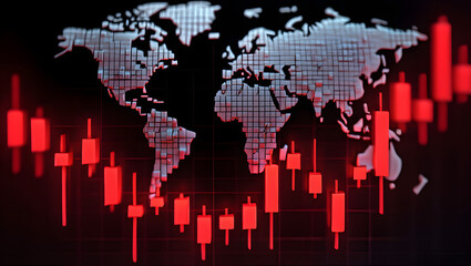 Global Market Downturn: A stark visualization of economic decline unfolds with bold red candlesticks overlaying a world map, symbolizing a market crash.