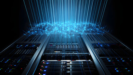 Data Server: A modern data server, illuminated with bright blue light and lines, against a black background, symbolizing technology.