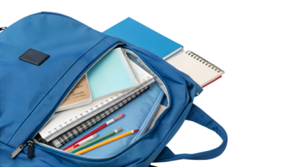 Blue backpack filled with school supplies, including notebooks, pencils, and other stationary items isolated on transparent background