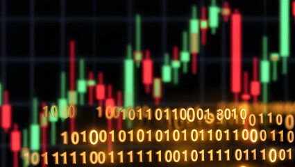 Fototapeta premium Binary Code and Financial Chart: A dynamic interplay of binary code and financial data, rendered in vivid detail, reflecting the complex algorithms that underpin the market.