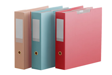 Three colorful file folders binders, isolated on white transparent background