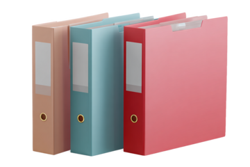 Three colorful file folders binders, isolated on white transparent background