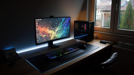 Gaming desktop setup with RGB keyboard by window