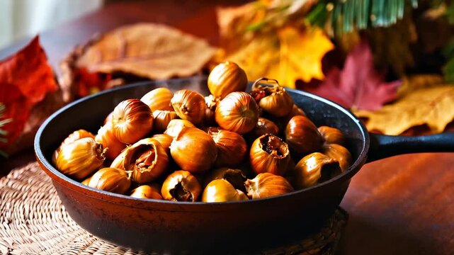 A bowl filled with nuts and roasted garlic on a table.