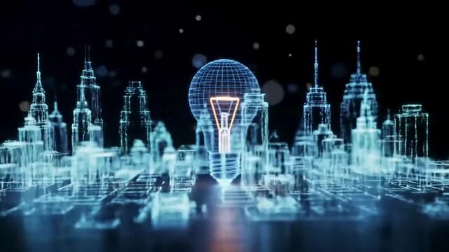 Digital City of Innovation: A futuristic cityscape merges with a radiant lightbulb, a luminous emblem of technological advancements and ingenious ideas.