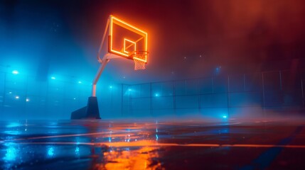 Glowing basketball hoop illuminating foggy court at night