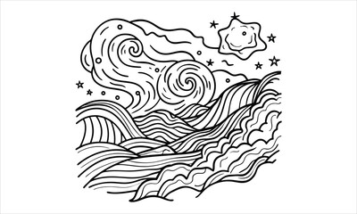 Fototapeta premium Starry Night t shirt design silhouette and vector line art, intricate detailed illustration, perfect for mindfulness, relaxation, stress relief, adult coloring books, printable artwork.