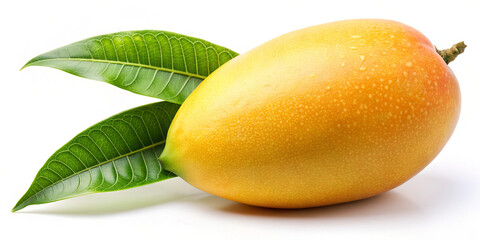 A ripe mango showcases its vibrant yellow-orange skin alongside glossy green leaves against a plain background, emphasizing freshness and tropical allure
