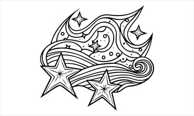 Starry Night t shirt design silhouette and vector line art, intricate detailed illustration, perfect for mindfulness, relaxation, stress relief, adult coloring books, printable artwork.