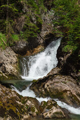 Obraz premium Mountain Waterfall in Rocky Gorge Surrounded by Forest in Tauplitz, Austria