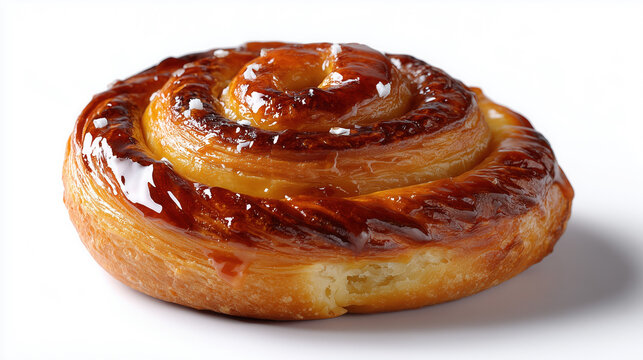 Glazed cinnamon roll pastry on white background