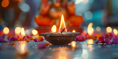 Diwali celebration with lit oil lamps
