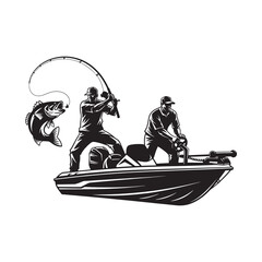 Two fishermen in a boat catching a big fish. Vector graphic logo for fishing sport and outdoor adventure. Anglers in action.