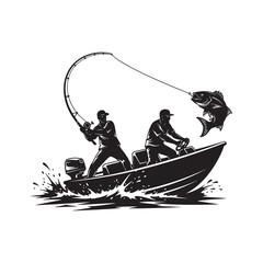 Two fishermen in a boat catching a big fish. Vector graphic logo for fishing sport and outdoor adventure. Anglers in action.