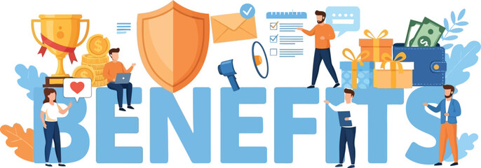 People celebrate diverse employee benefits like rewards, gifts, and financial incentives.