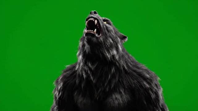Werewolf Howling at the Moon - Green Screen - A close-up shot of a digitally video werewolf howling against a bright green screen.