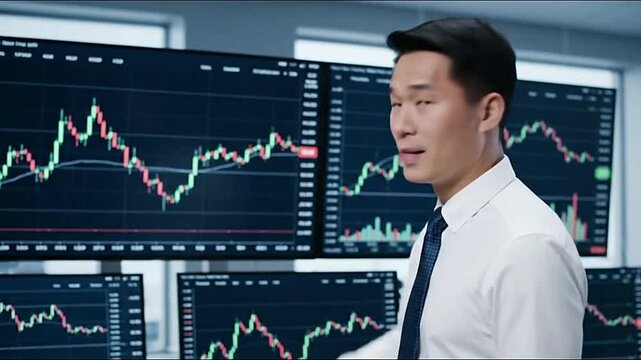 Man pointing at stock market chart on large screens in trading room, analyzing financial data closely - Powered by Adobe