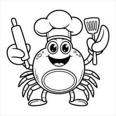 Cute Chef Crab Coloring Page Vector Illustration Cartoon Sea Animal with Hat and Kitchen Tools