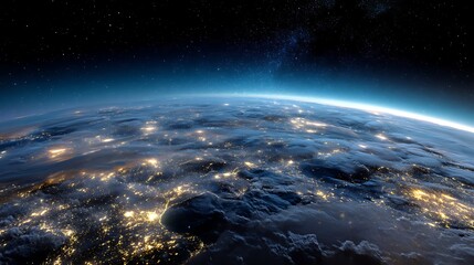 Obraz premium Earth from space view at night with city lights and clouds stock photo for background and wallpaper