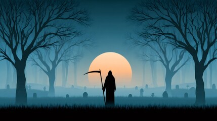 Naklejka premium Grim reaper holding scythe in spooky cemetery at night under full moon