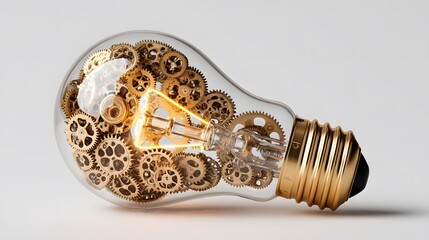 Innovative Light Bulb Filled with Gears on White Background
