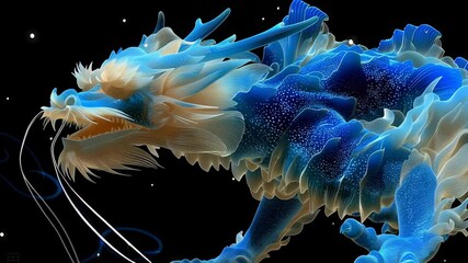 Glowing bioluminescent asian dragon with translucent fins and vibrant blue-gold textures floating in cosmic darkness with star-like particles. - Powered by Adobe