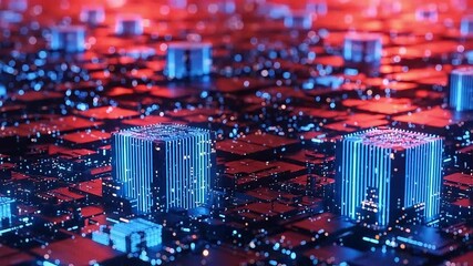 Abstract macro view of a futuristic computer circuit board with glowing blue and red lights, representing advanced technology and data processing - Powered by Adobe