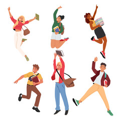 Happy students cartoon teenagers characters jumping feeling positive celebrating education start