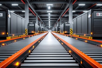 Fototapeta premium Automated guided vehicle system moving shipping containers in modern warehouse