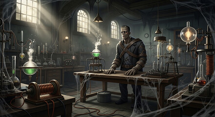 Frankenstein's monster in a laboratory with scientific equipment and spiderwebs
